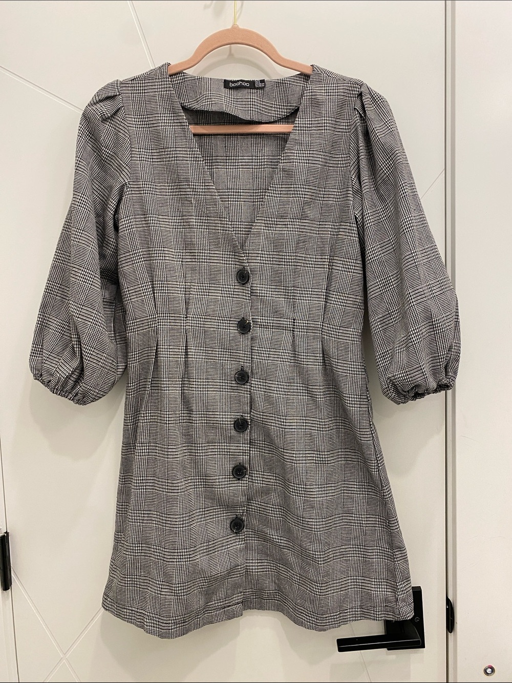 Boohoo Houndstooth Button-Front Mini Dress with Puff Sleeves | Size 2